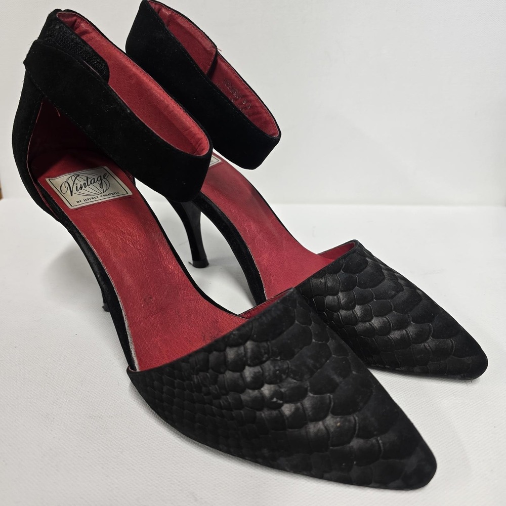 Jeffrey Campbell‎ Bridges Black Suede Snakeskin Ankle Strap Heels Womens 9.5